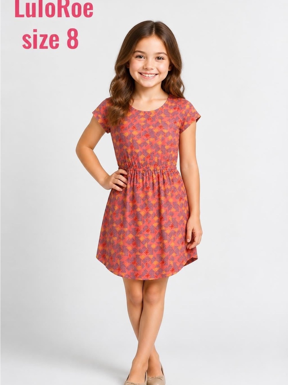 LuLaRoe Girls Pink Orange Geometric Short Sleeve Casual Dress